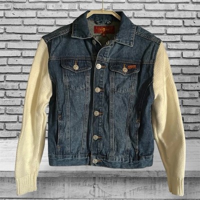 7 For All Mankind Blue Dark Wash Denim Ivory Sweater Sleeve Jacket Full Button