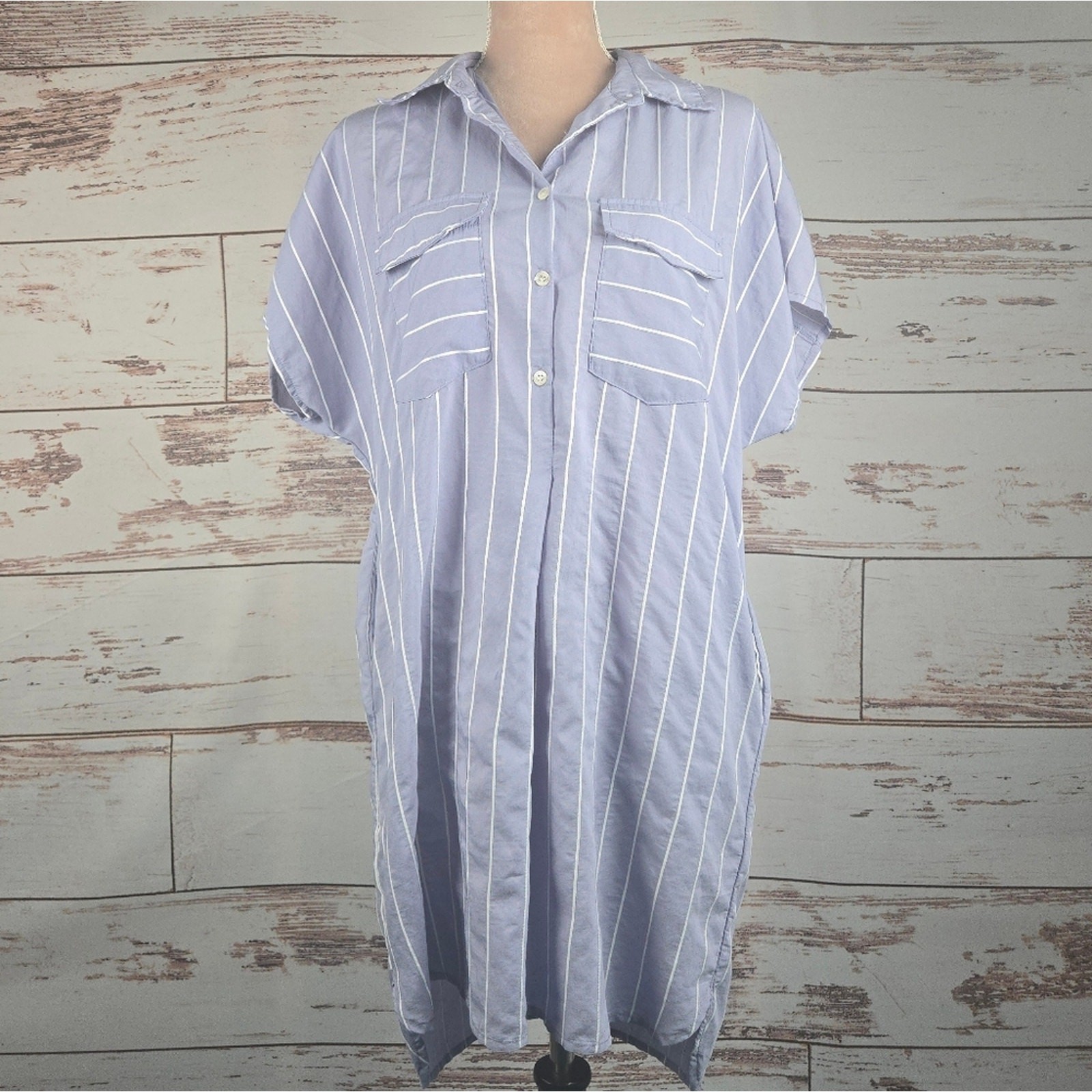 FRNCH Short Sleeve Shirt Dress Blue Stripe Size M/L