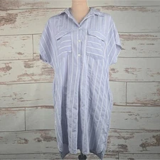 FRNCH Short Sleeve Shirt Dress Blue Stripe Size M/L