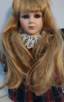 Vtg Alberon Gemma Porcelain School Girl 17'' Red Blue Green Plaid Dress With Lace