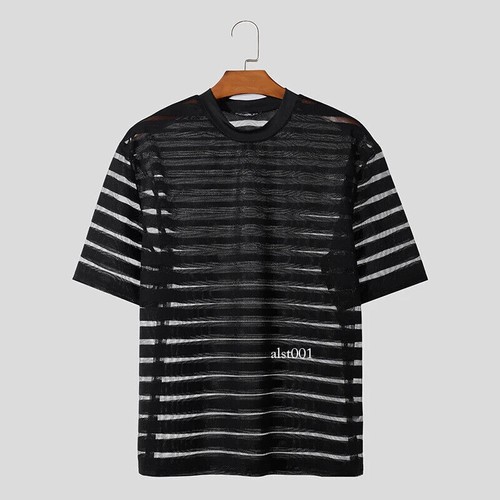 Hombres Camiseta Malla Rayas Cuello en O Manga Corta Transparente Hombres Ropa Ropa Ropa de Calle - Imagen 11 de 26