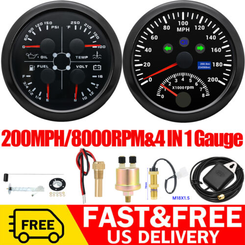 85MM Black GPS Speedometer 200MPH With Tacho&85mm 4 IN 1 Gauge for Boat Car US