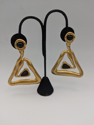 Vintage Matt High End Gold Tone Black Long Earrings Clip On Massive 