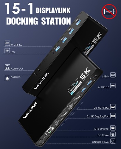 WAVLINK 5K Dual 4K USB-C Docking Station Dual HDMI DisplayPort 6 USB 3.0 RJ45 - Picture 3 of 8