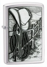 Zippo Chrome Lighter With Cowboy Hat & Rope Western Scene, 24879, New In Box