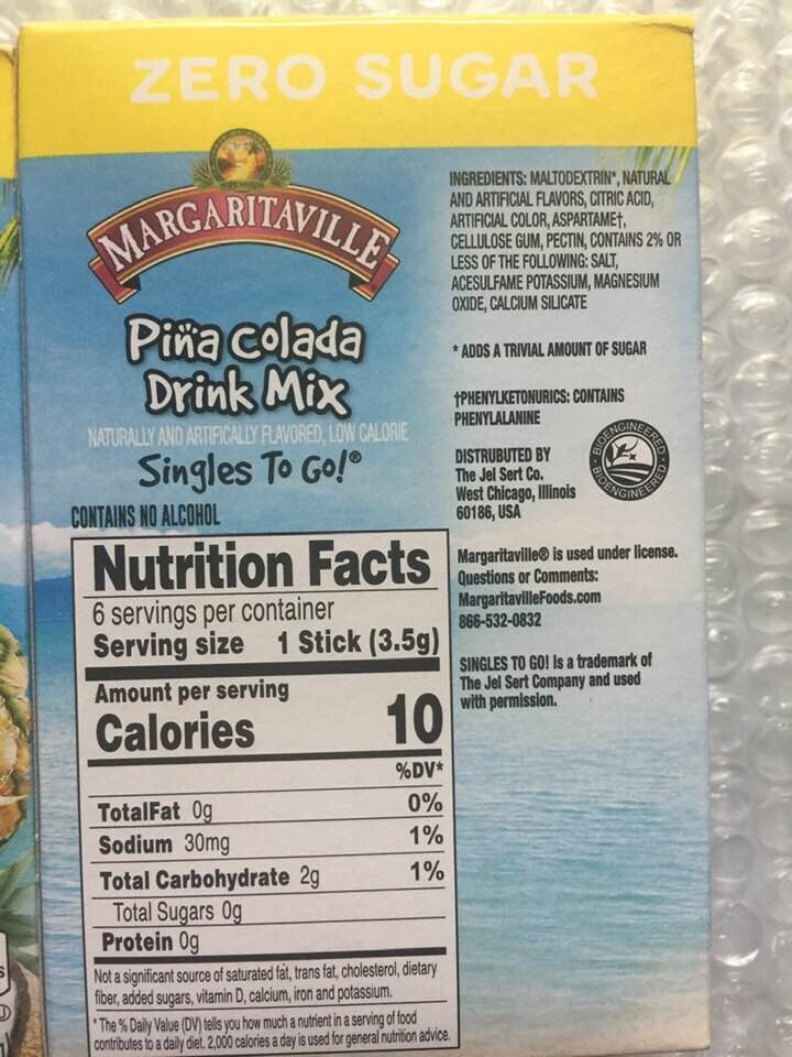 2 PACK"ZERO SUGAR" Margaritaville "PINA COLADA" Singles To Go Drink Mix