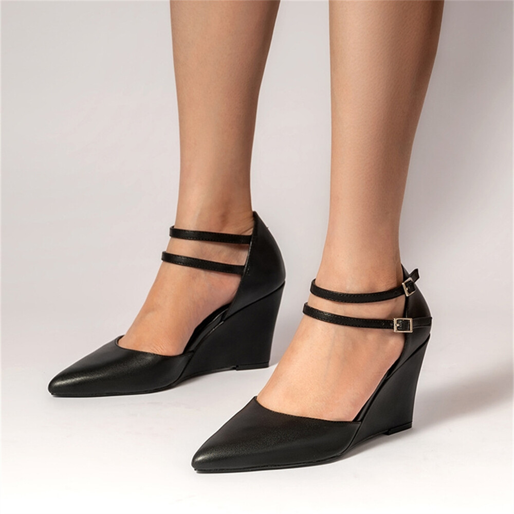 Women's D'Orsay Wedge Heels Elegant Pointed Toe Double Buckle Straps Pumps
