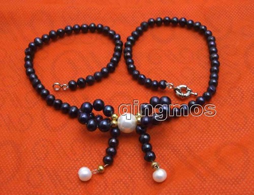 5-6mm Round Black Pearl Necklace for Women & Pearl Bowknot Pendant Chokers 17'' - Picture 5 of 25