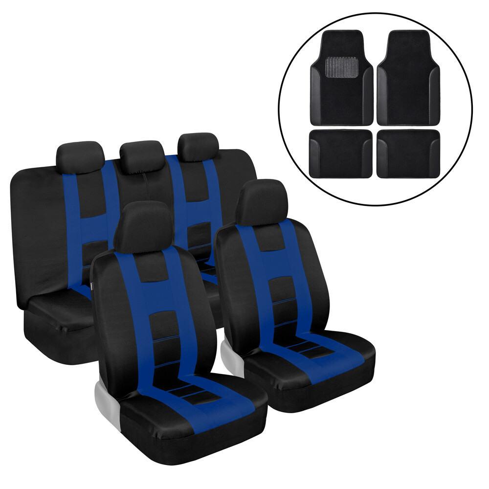 Blue Car Seat Covers Full Set with Black Carpet Floor Mats