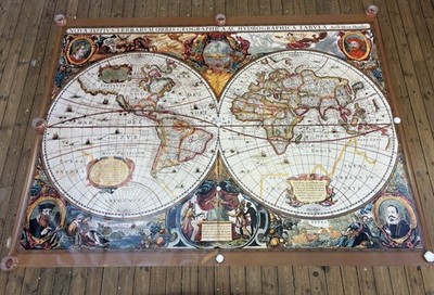 Weltkarte selten super großes Wandposter Wandbild 17. Jahrhundert ''Weltkarte'' Hondius 
