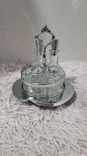 Vintage Cruet Condiment Metal & Glass Set Salt/Pepper, Oil, Sugar With Stand