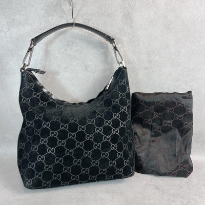 GUCCI Suede Hobo Shoulder Bag Black Vintage Monogram One Handle Authentic Used