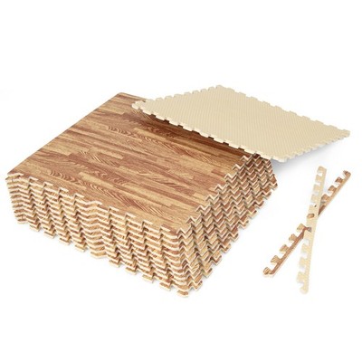 12 Tiles Wood Grain EVA Foam Floor Mats Interlocking w/ Borders 24'' Natural