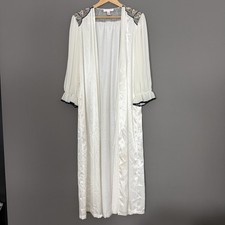 Oscar De La Renta Pink Label Womens Ivory Semi Sheer Satin Black Lace Robe M