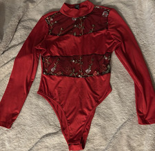 Women s Red Long Sleeve Mock Neck Floral Embroidered Semi-Transparent Bodysuit L