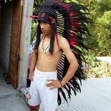 Large Red Black Feather Warbonnet Headdress Handmade Native Chief Costume Hat