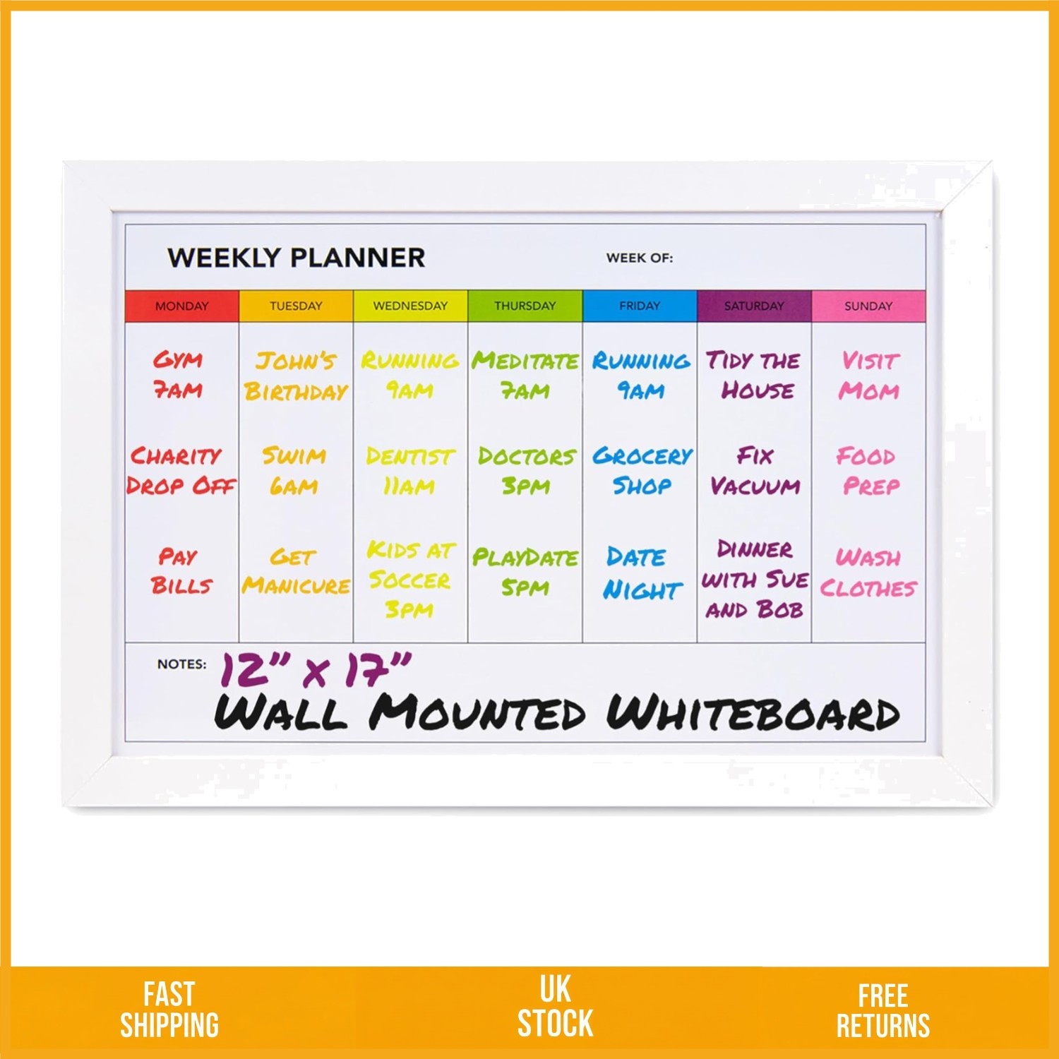 Sleek Weekly Dry Erase Board Magnetic Wall Calendar Planner 17x12in Pack of 1