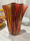 Murano-style art glass handkerchief vase, featuring red, orange, and gold