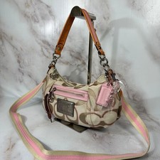 COACH Poppy Signature Canvas Pink Shoulder Bag Crossbody Charm Auth