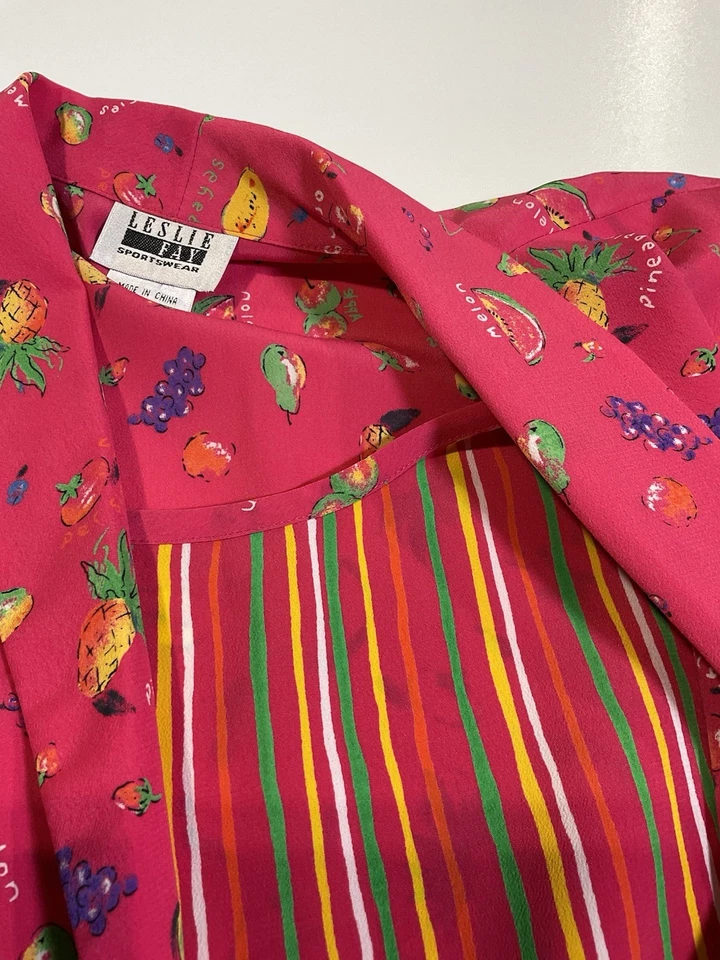 Blusa corta vintage Leslie Fay fruta talla M novedad corbata frontal tropical años 90 Foto 4 de 4