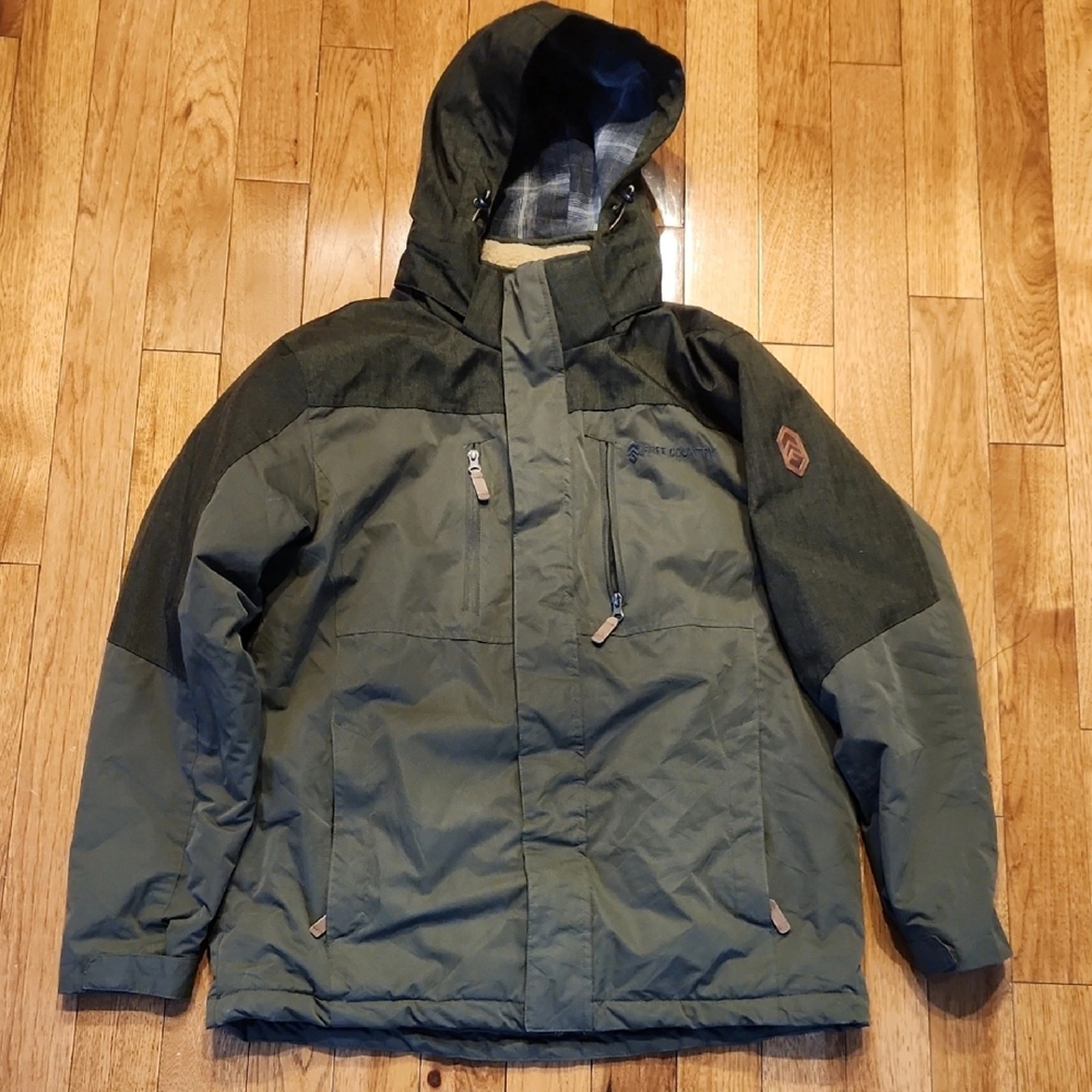 Free Country Hooded Insulated Jacket Olive Green Plaid Lined Men's Size L