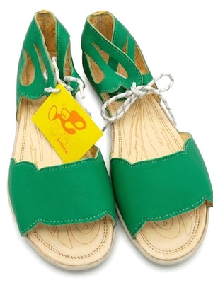 EJECT Green Leather Cutout L ace Up Flat Unique Design Femme Cuir Damen Leder