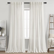 Beige White Linen Curtains 84 Inch Length 2 Panels Set for Living Room Rod Po...