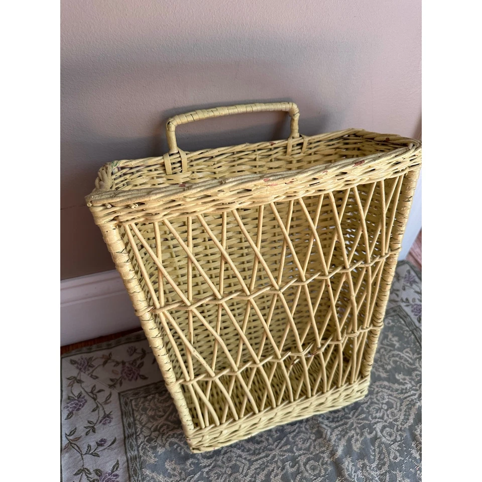 Vintage wicker wall hanging basket magazine organizer rattan yellow bohemian  - Image 2 of 4