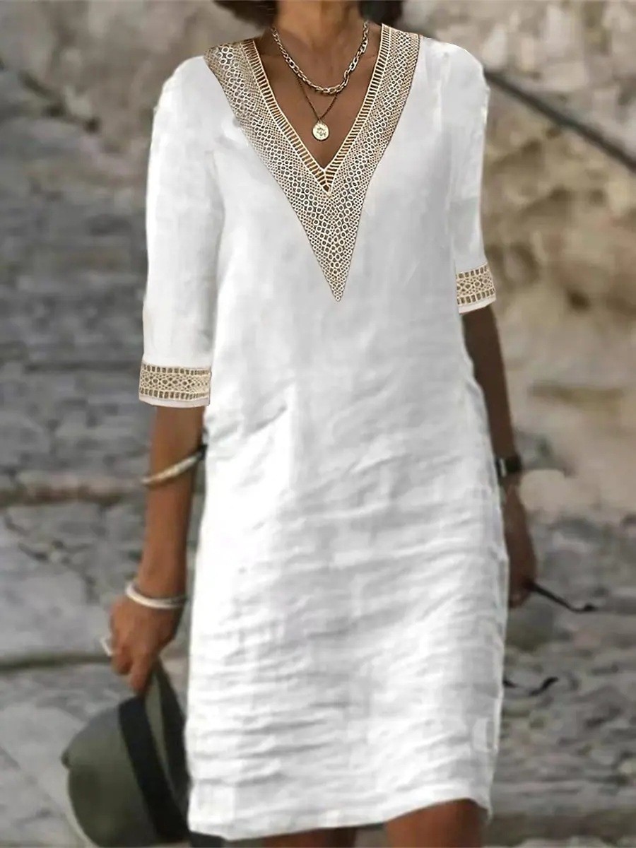 Women Sundress V Neck Cotton Linen Midi Dress Ladies Summer Casual Short Sleeve-image
