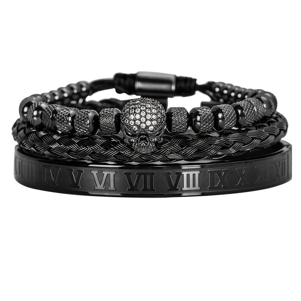 3Pcs/set Stainless Steel Micro Pave CZ Bracelets Skull Roman Numeral Bracelets - Image 3 of 4