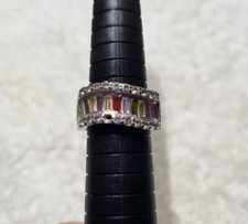 925 Sterling Ring Sz 7.25" w/ Multi color Stone Rhinestones READ