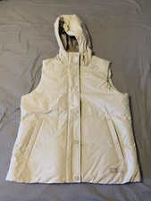 Eddie Bauer Women's Large Essential Down Vest Hooded Zip Snap Color: Pumice