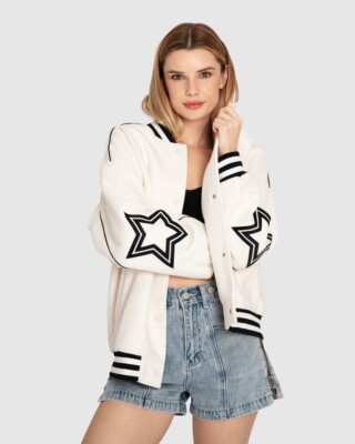 Belle & Bloom Hold Me Close Letterman Bomber - Off White - Size L
