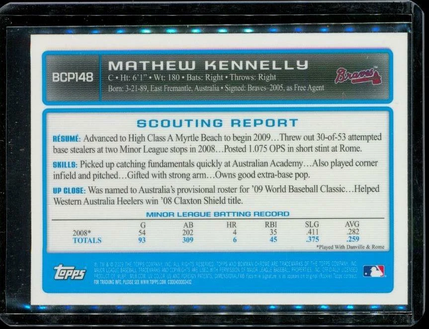 2009 Baseball Card Bowman Chrome Prospects BCP148 MATHEW KENNELLY Atlanta Braves - Image 2 of 2