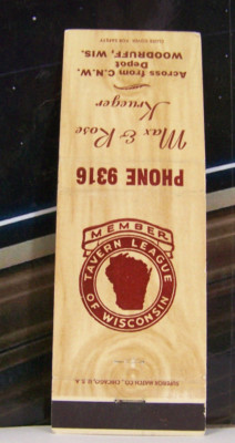 Rare Vintage Matchbook Cover K2 Woodruff Wisconsin Max Rose Krueger Tavern Leage