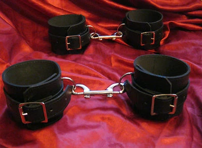 ANITA'S FLOWERS Fetish Bondage Black Real Leather Ankle & Wrist Cuffs Adult Restraints Set BDSM