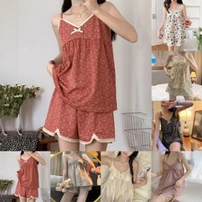 Womens Retro Style Pajamas Floral Print Shorts with Suspender Top for Home Use