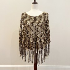 Handmade Crochet Poncho Womens OS Brown Cream Fringe Open Knit Boho Hippie Indie