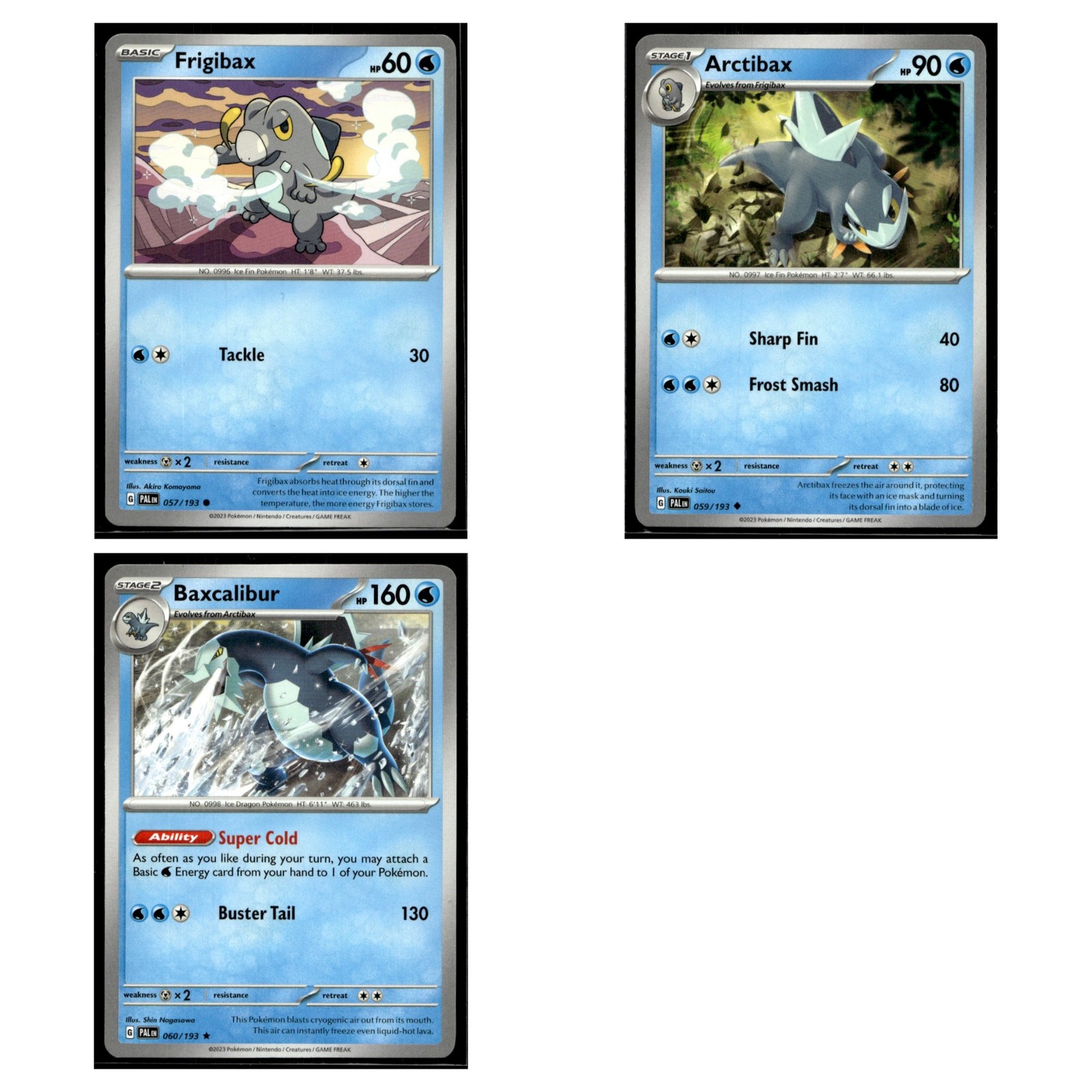 3 Card Pokemon TCG Collection - Frigibax 057/193 Arctibax 059/193 Baxcalibur 060