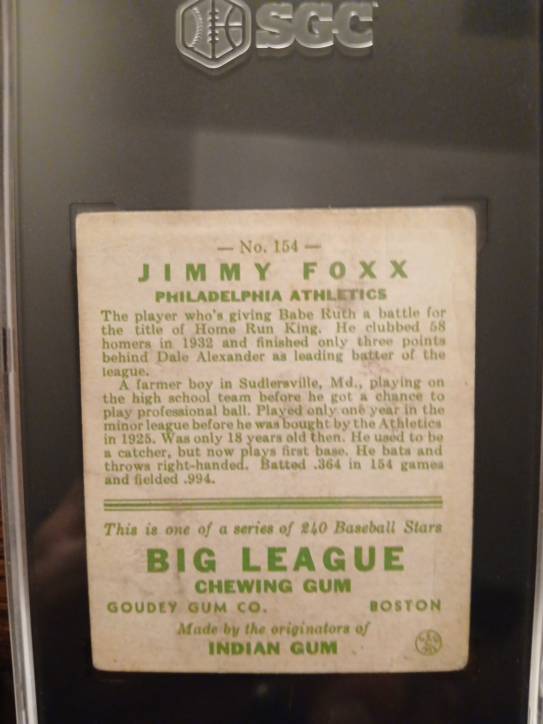 1933 Goudey Big League Chewing Gum - R319 Jimmie Foxx #154 (RC) view 4