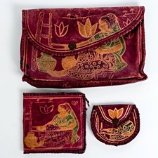 Vintage 60s 70s Handmade Tooled Clutch Bag Handbag Coin Purse Wallet Set
