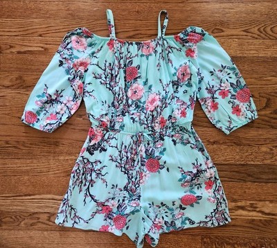 AMY BYER Girls XL (14-16)  Spring/Summer Romper Aqua Pink Floral