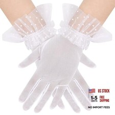 Women's Short Lace Tulle Sheer Mesh Gloves Opera Tea Party Gloves for White