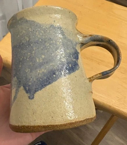 Vintage Stoneware Mug Tan Glaze Blue Abstract Studio Art Pottery Signed Parish