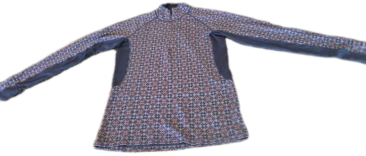 Kari Traa Base Layer Top XL 100% Merino Wool Nordic Fairaisle Blues 1/4 Zip