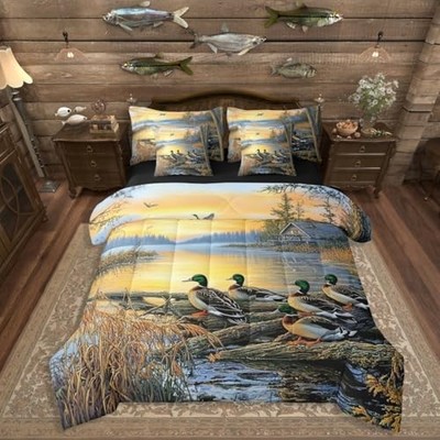 7 Pieces-Mallard Ducks Comforter Set with Bed Sheets Size Queen Orange Brown