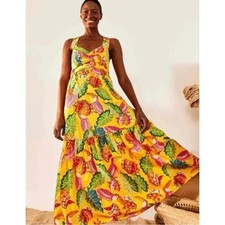 Farm Rio Women's Beaks & Bananas Print Cotton Maxi Sundress Yellow Size S NWT