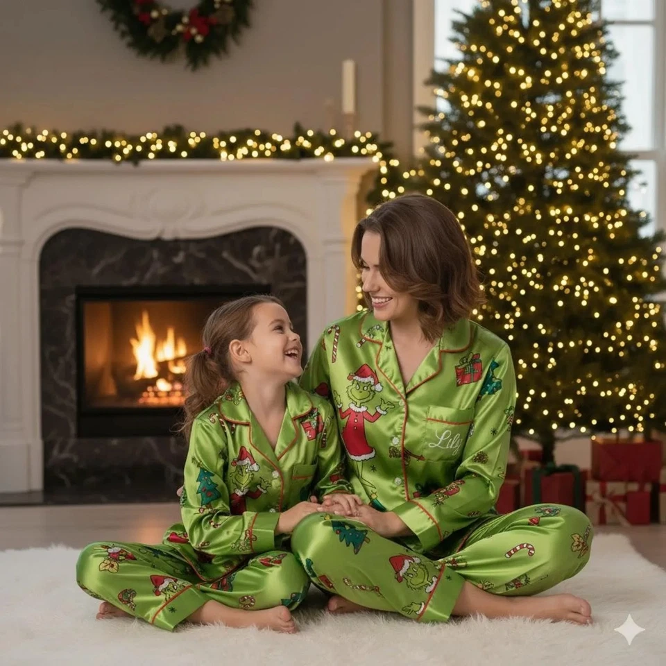 Pijama de satén de Navidad Grinch a juego familiar, juego de pijamas navideños, conjunto de Navidad Foto 3 de 4