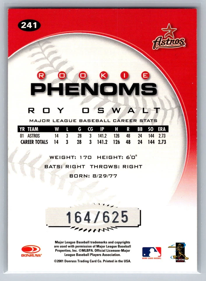 Roy Oswalt 2001 Donruss Class of 2001 Rookie Phenoms /625 #241 - Image 2 of 2