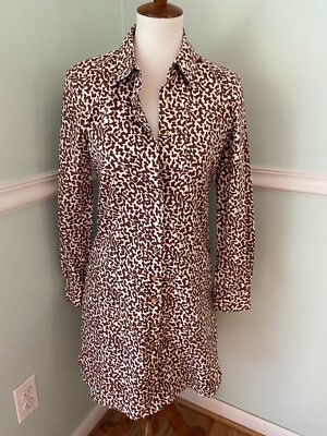 DIANE Von Furstenberg Dress 4 Brown White Collared Long Sleeve Cotton